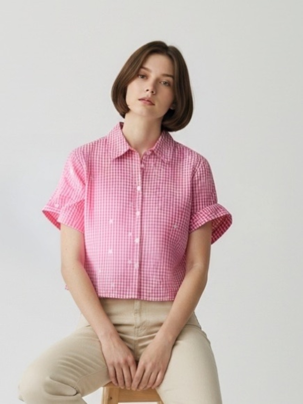 SagHarbor Women’s Pink Gingham ButtonFront Blouse Size PL/Grande Coastal Grandma